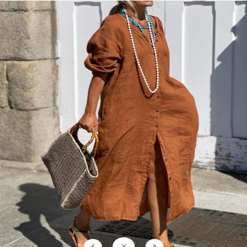 Casual Loose Linen Shirt Dress - Moda Zarif Bahar Pamuk Keten elbise