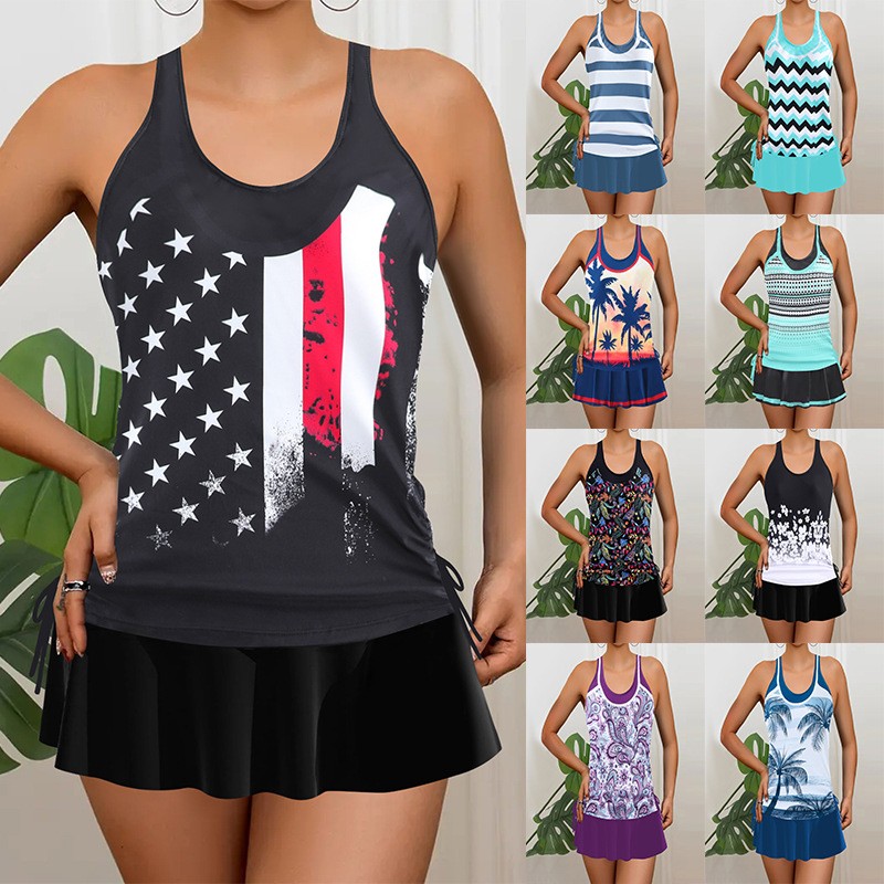 Tops - Tankini Kadın Bikini Kolsuz Atlet Etekli