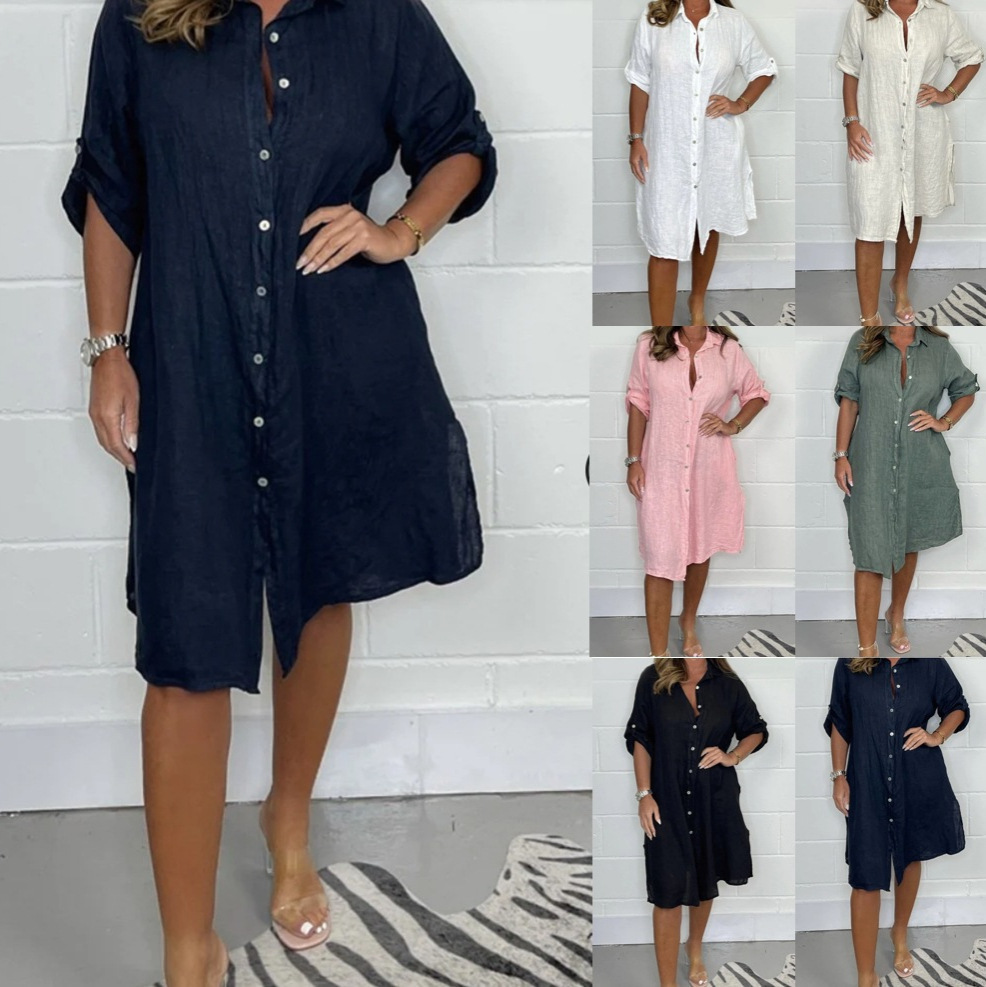 Casual Loose Linen Shirt Dress - Bahar Yaz Keten 3/4 Kollu Bol