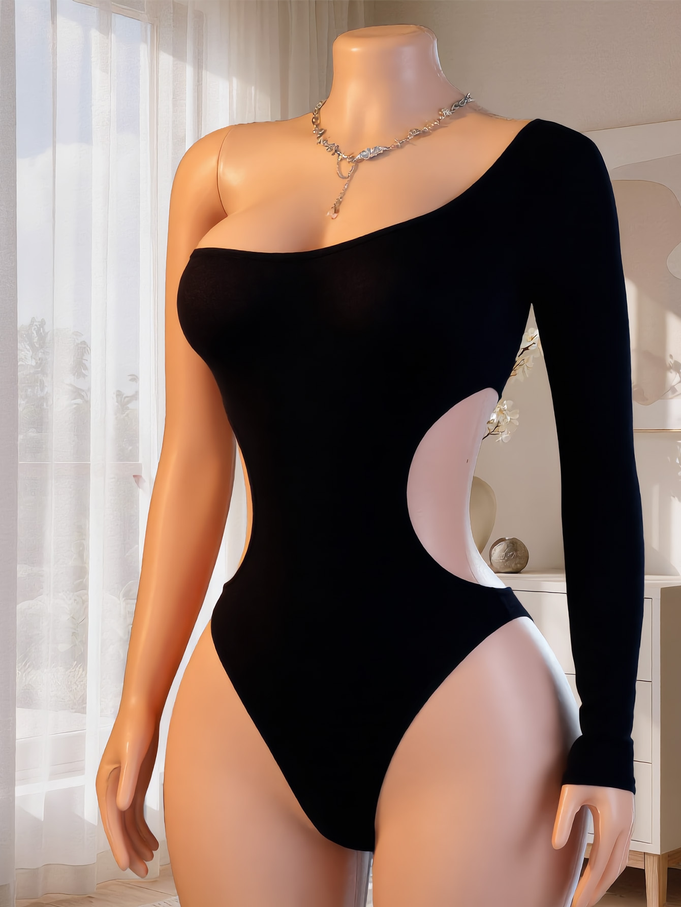Lingerie - Kadın Tek Omuzlu Uzun Kollu Body,