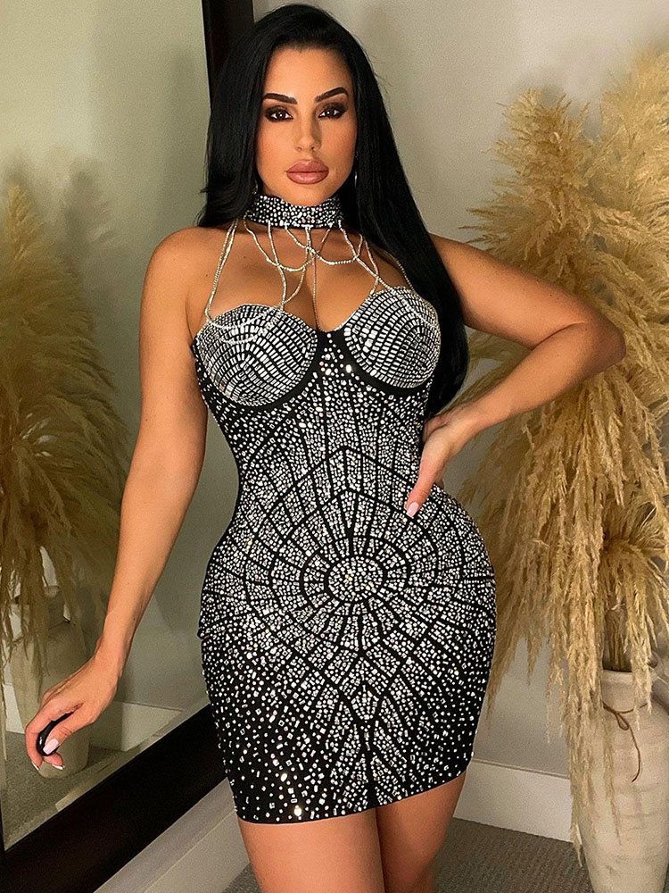 Sparkly Rhinestone Club Party Dress - Doyerl Sparkly Rhinestones Elmas Doğum Günü