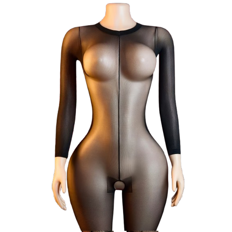 Lingerie - 1 Parça Şeffaf Siyah File Açık