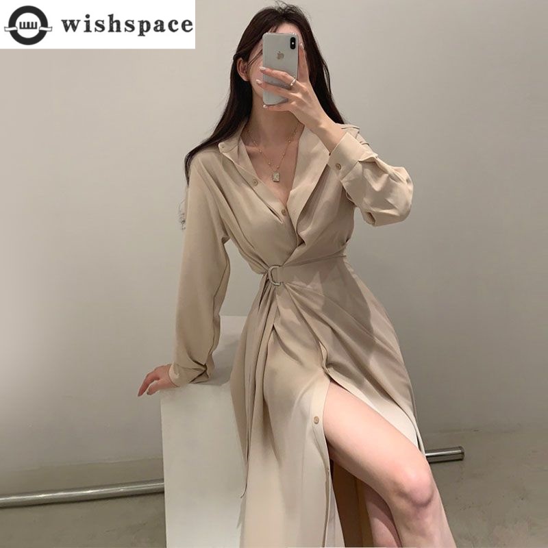 Korean Style A Line Shirt Dress - Uzun Kollu Yaka Gömlek Tarzı Elbise