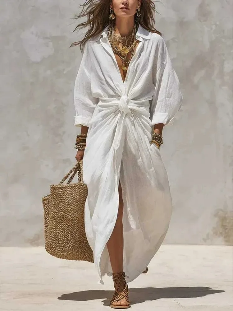 Casual Loose Linen Shirt Dress - Kadın Boho Beyaz Keten-Pamuk Gömlek Maksi