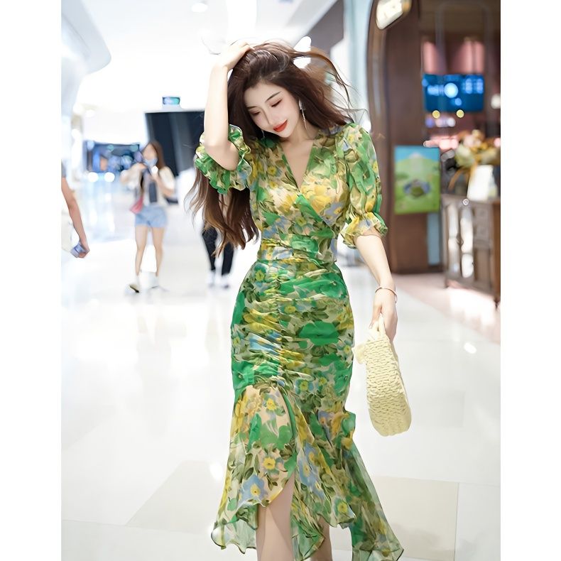 French Vintage Floral Midi Dress - Yeni Yaz Modası Stil Bele Sarılma