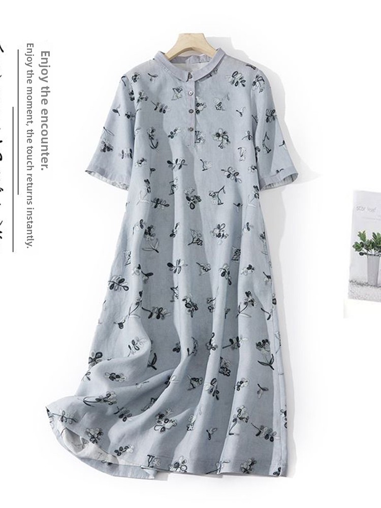 Casual Loose Linen Shirt Dress - Sanatsal Çiçek Baskılı Bol Pamuklu Keten