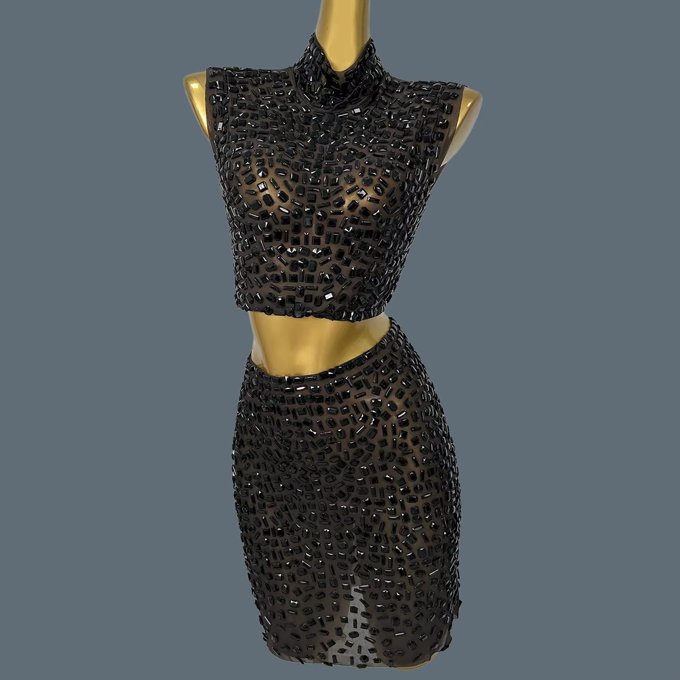 Sparkly Rhinestone Club Party Dress - Yazlık Işıltılı Siyah Taşlı Elbise Takım
