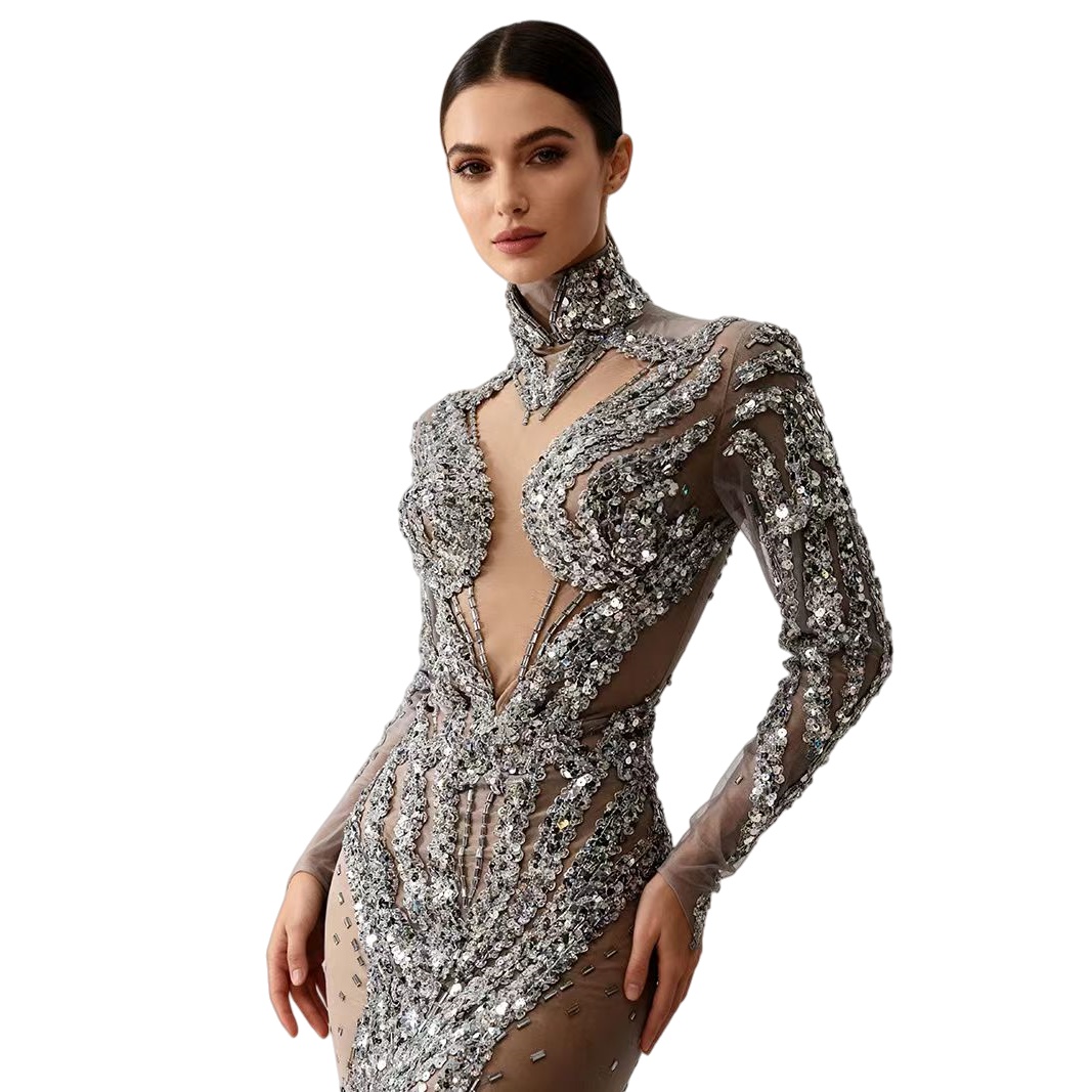 Sparkly Rhinestone Club Party Dress - Gümüş Simli Pullu Şeffaf Dar Kesim