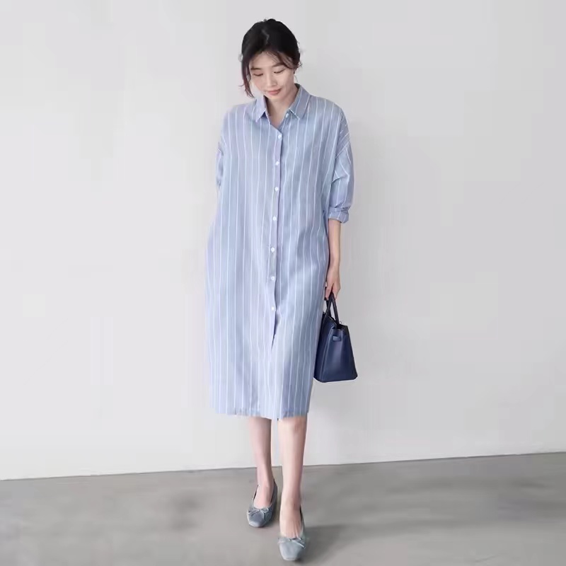 Korean Style A Line Shirt Dress - Mavi Çizgili Gömlek Elbise Kadın Gevşek