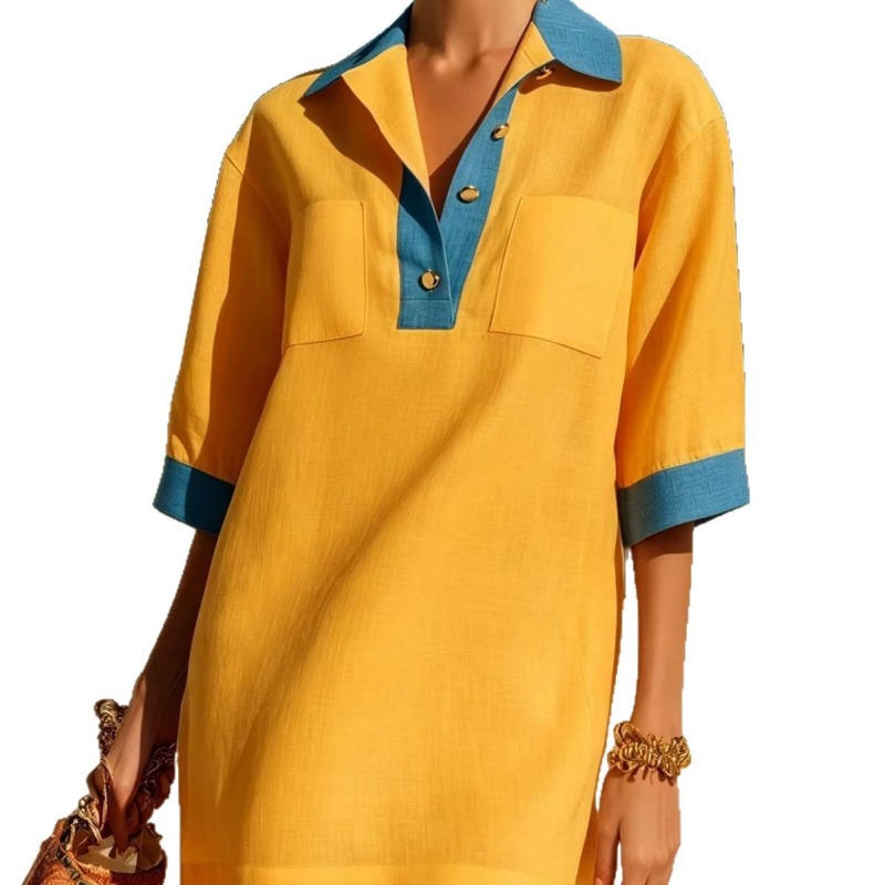 Kadın Yazlık Şık Kontrast Cepl - Casual Loose Linen Shirt Dress incelemesi ve fiyatı
