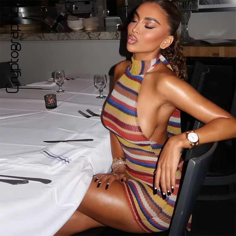 Çizgili Örgü Halter Mini Elbis - Y2K Backless Halter Mini Dress incelemesi ve fiyatı