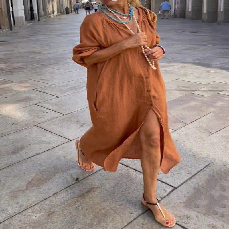 Moda Zarif Bahar Pamuk Keten e - Casual Loose Linen Shirt Dress incelemesi ve fiyatı