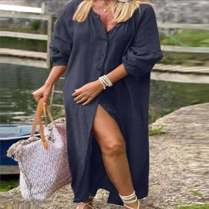 Moda Zarif Bahar Pamuk Keten e - Casual Loose Linen Shirt Dress incelemesi ve fiyatı