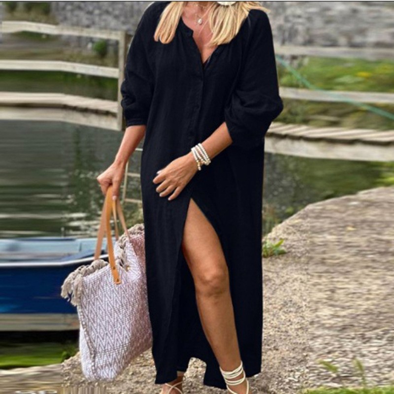 Moda Zarif Bahar Pamuk Keten e - Casual Loose Linen Shirt Dress incelemesi ve fiyatı