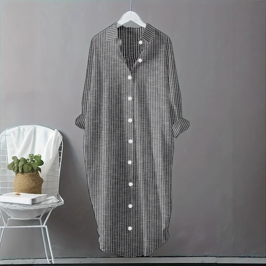 Vintage Pamuklu Keten Çizgili  - Casual Loose Linen Shirt Dress incelemesi ve fiyatı