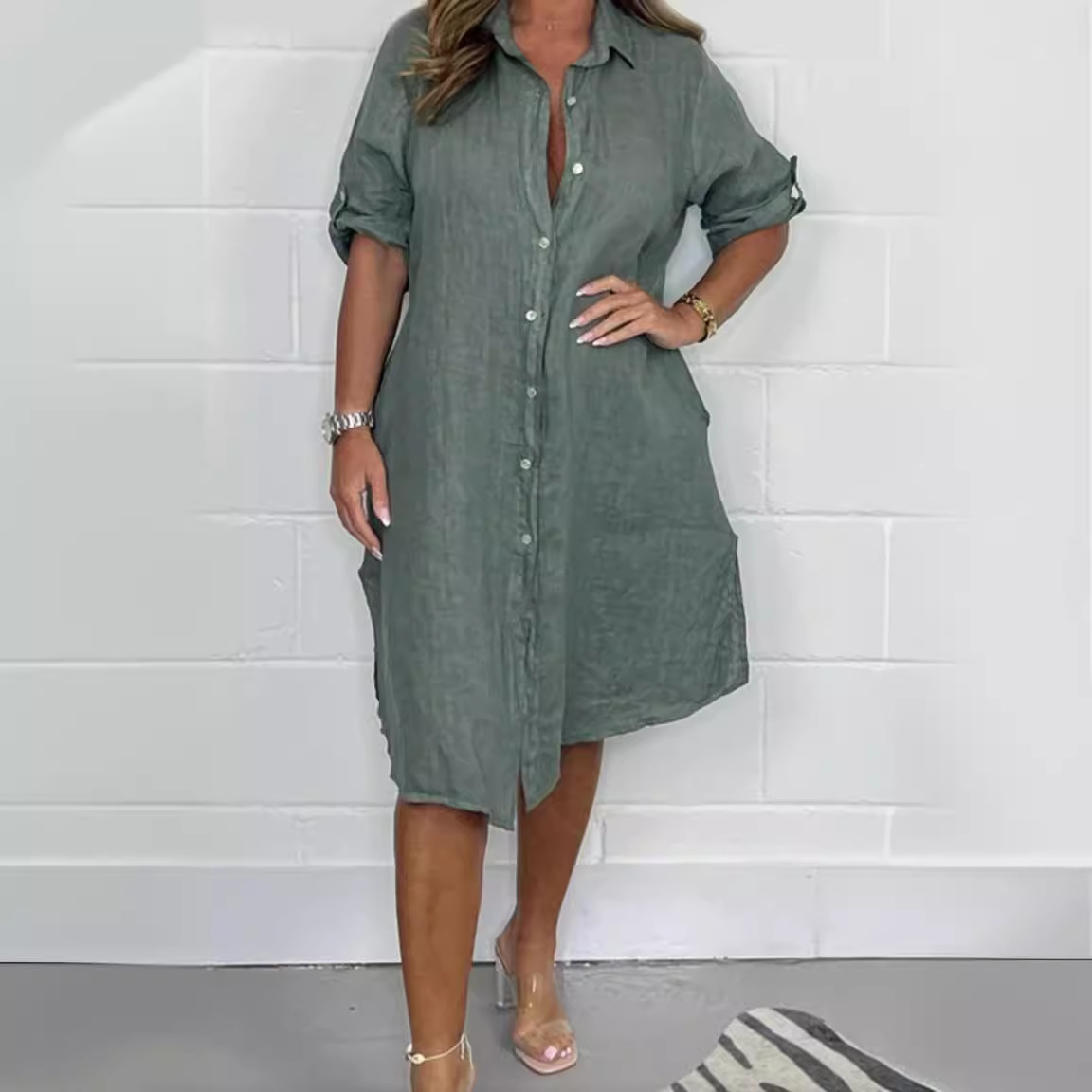 Bahar Yaz Keten 3/4 Kollu Bol  - Casual Loose Linen Shirt Dress incelemesi ve fiyatı