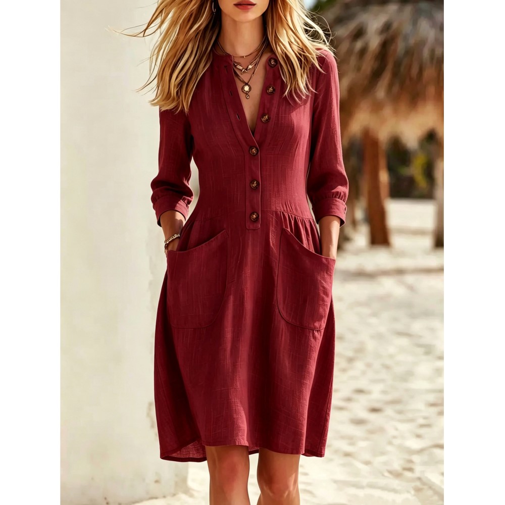 Moda İmitasyon Düğmeli Keten V - Casual Loose Linen Shirt Dress incelemesi ve fiyatı