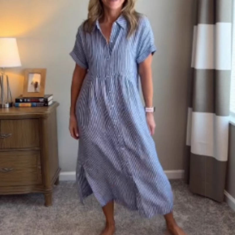 Kadın Çizgili Gömlek Elbise Ya - Casual Loose Linen Shirt Dress incelemesi ve fiyatı