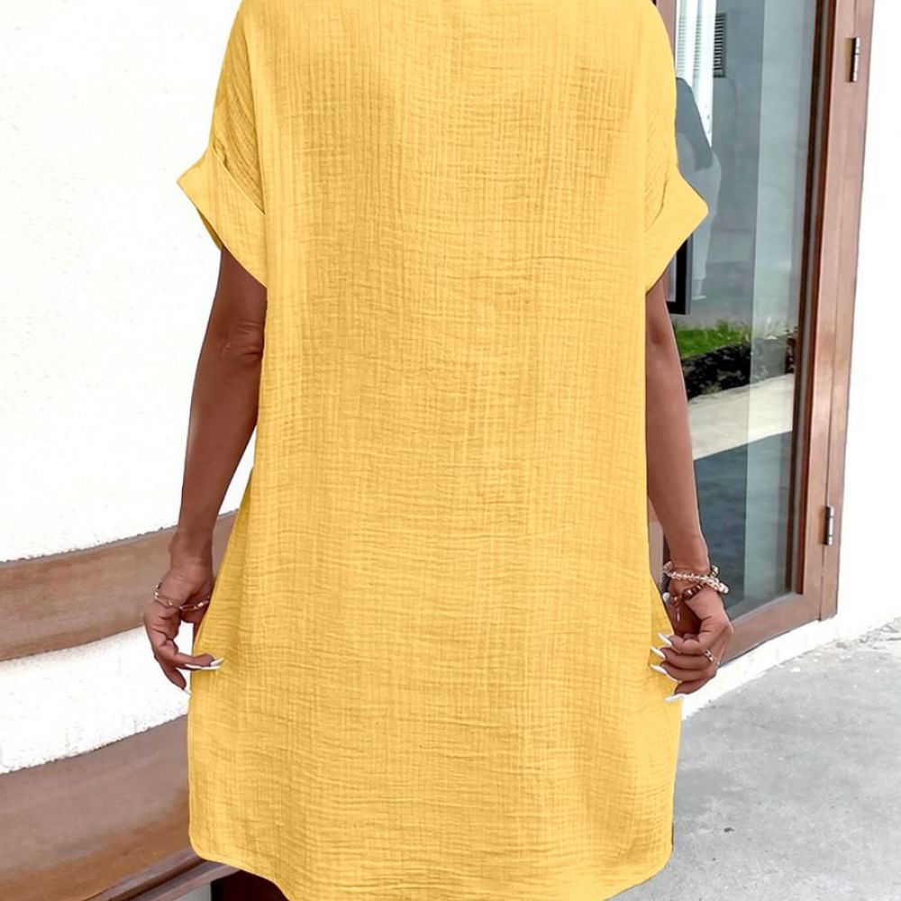 Kadın V Yaka Gömlek Elbise, Ya - Casual Loose Linen Shirt Dress incelemesi ve fiyatı