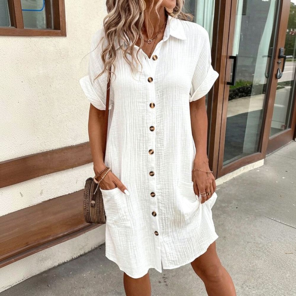 Kadın V Yaka Gömlek Elbise, Ya - Casual Loose Linen Shirt Dress incelemesi ve fiyatı