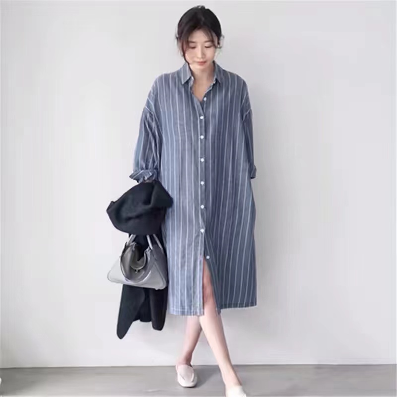 Mavi Çizgili Gömlek Elbise Kad - Korean Style A Line Shirt Dress incelemesi ve fiyatı