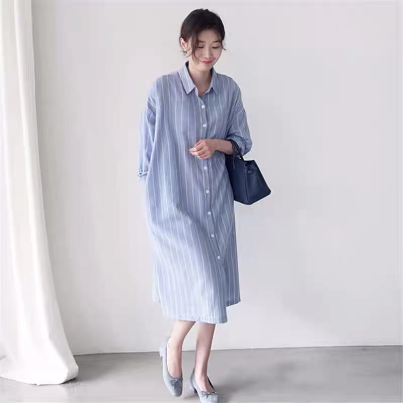 Mavi Çizgili Gömlek Elbise Kad - Korean Style A Line Shirt Dress incelemesi ve fiyatı