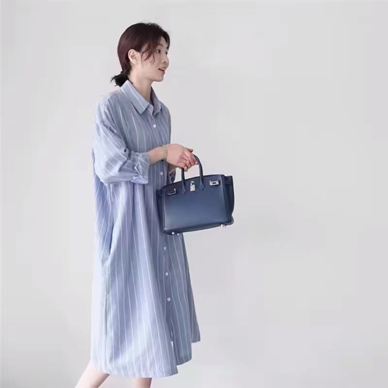 Mavi Çizgili Gömlek Elbise Kad - Korean Style A Line Shirt Dress incelemesi ve fiyatı